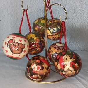 Vintage Decoupage Christmas Ornament Balls Bauble Teddy Bears Lot of 7